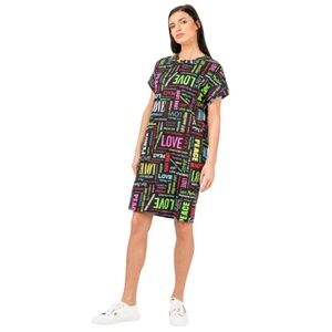 LOVE MOSCHINO Black t-shirt dress with multicoloured text